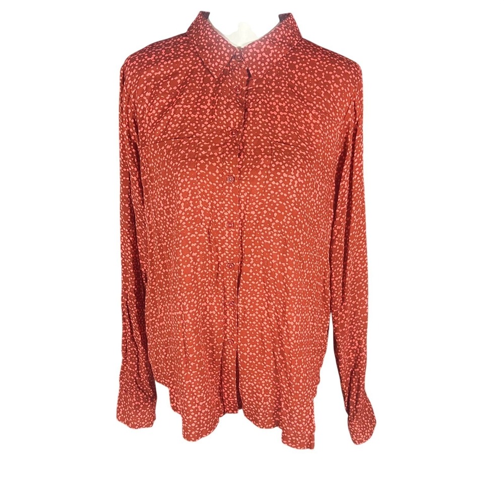 Holding Horses Button Down Shirt Women 12 Red Pink Dot Print Long Sleeve Rayon